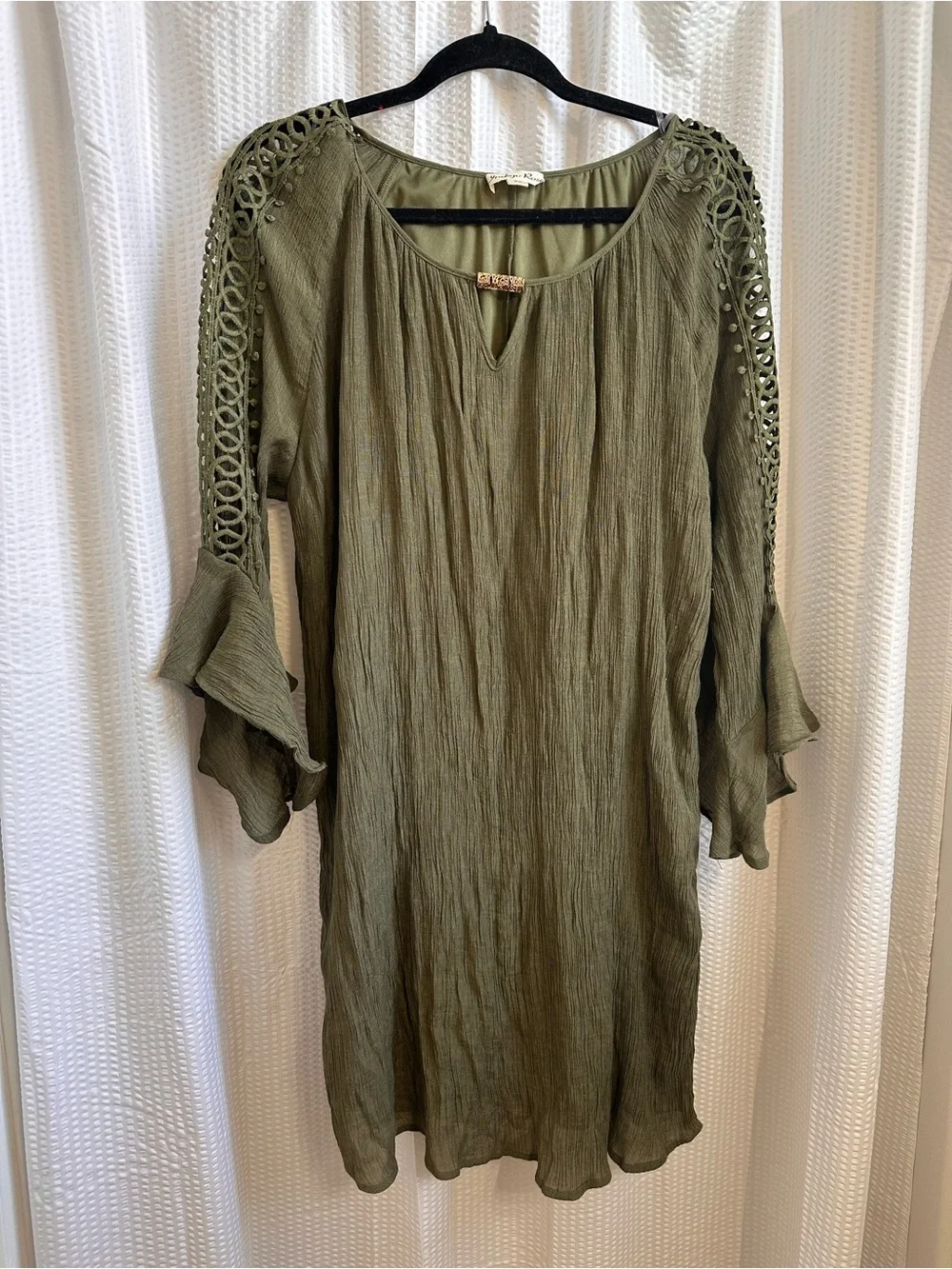 Olive Green Mini Dress with Crochet Sleeve Detail